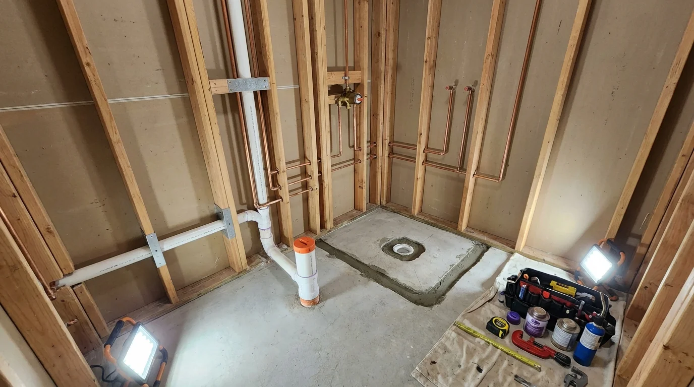 Bathroom rough-in plumbing during remodel by Johns Plumbing LLC in Steubenville