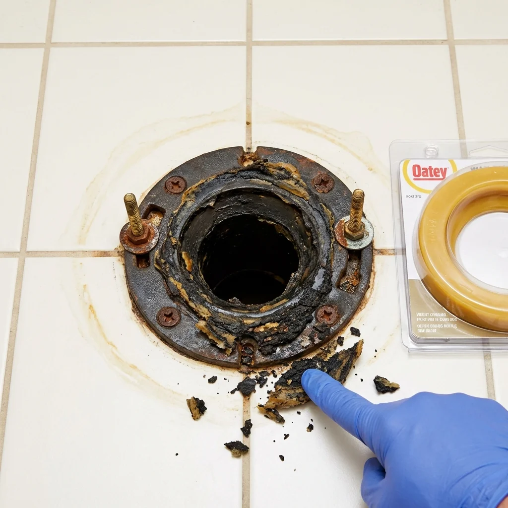 Failed wax ring showing water seepage at the base of a toilet in a Steubenville, OH home
