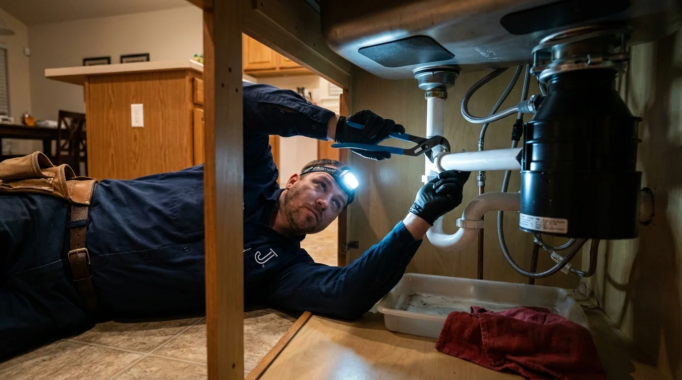 P-trap and supply line connections under a kitchen sink showing a common leak point in Steubenville, OH